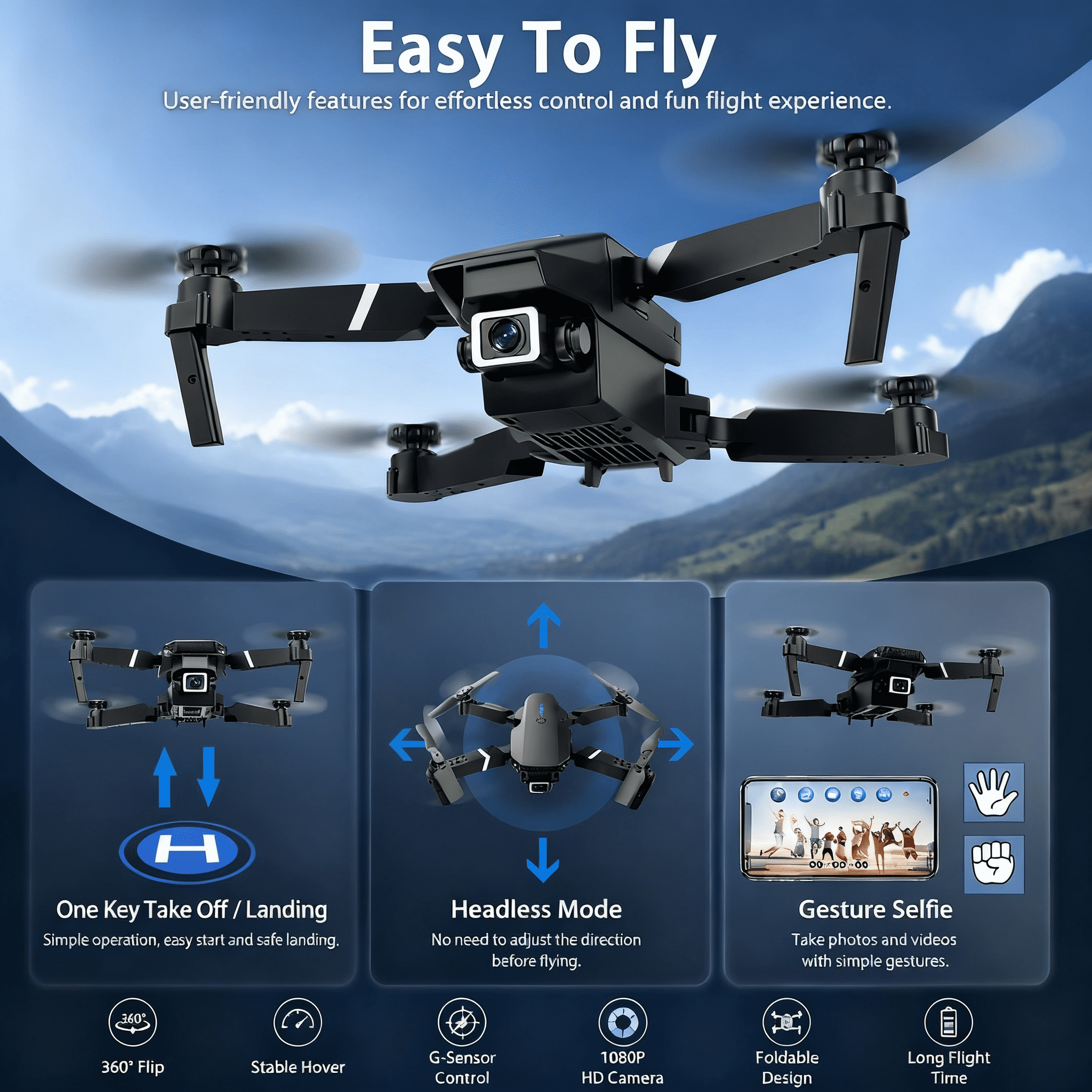 Foldable RC Drone with 1080P Camera for Adults Beginners & Kids, FPV Quadcopter Toy Gift, 2 Batteries & Carrying Case, One‑Key Start, Headless Mode, Waypoint Flight, 360° Flips