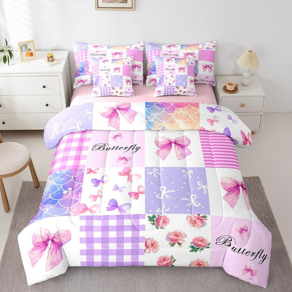 Erosebridal Kawaii Bow Bedding Sets Twin Size,Geometric Plaid Comforter Sets with Sheets,Floral Flower Bed in a Bag Twin size,Ultra Soft Dreamy Room Decorative,Reversible,7pcs