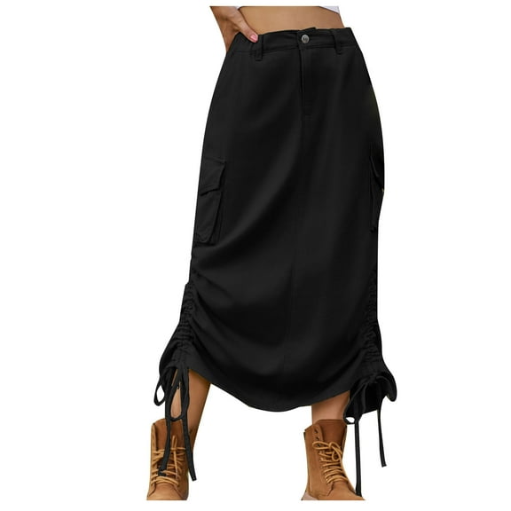Npasoilc Denim Skirts for Women Trendy High Waist Button Side Drawstring Lace-Up Pleated Stretchy A-line Jean Skirt Solid Color Casual Midi Cargo Skirt with Side Flat Pockets