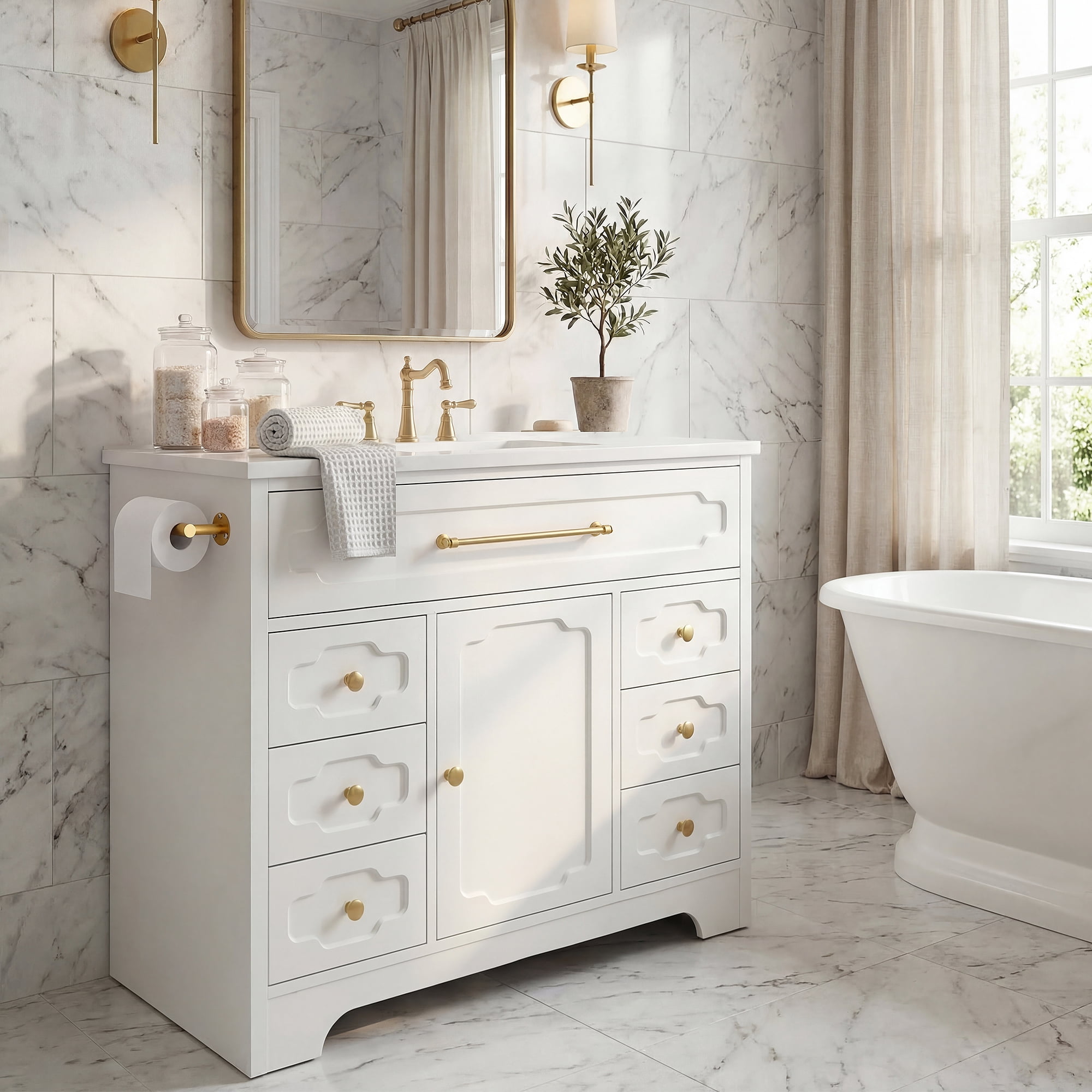 Homall 36'' Bathroom Vanity with Ceramic Sink, Freestanding Bathroom Cabinet with 5 Drawers & 1 Door, Modern Bathroom Vanity, White