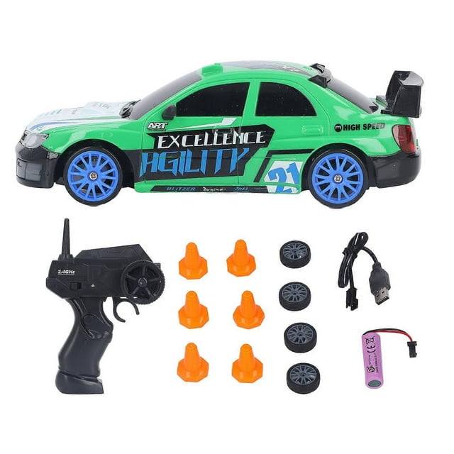 RC Race Car 1/24 Green Safe Strong ABS Powerful Motor 10Mph Easy Drifting RC Drifting Car with Barricade for Kids Adults