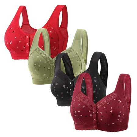 Tao Tao Daisy Bras For Older Women Front Closure Bra No Underwire Cotton Bras Breathable Comfy Soft Full Coverage Bras With Support And Lift 4pcs Red 2XL