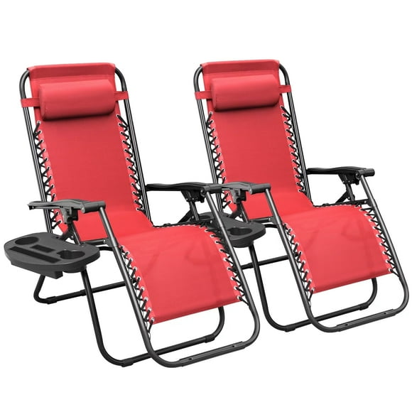 Homall Patio Foldable Zero Gravity Chair with Cup-Holder, Textilene Fabric Adjustable Outdoor Recliner,Portable Lounge Chair, Pack of 2, Light Red