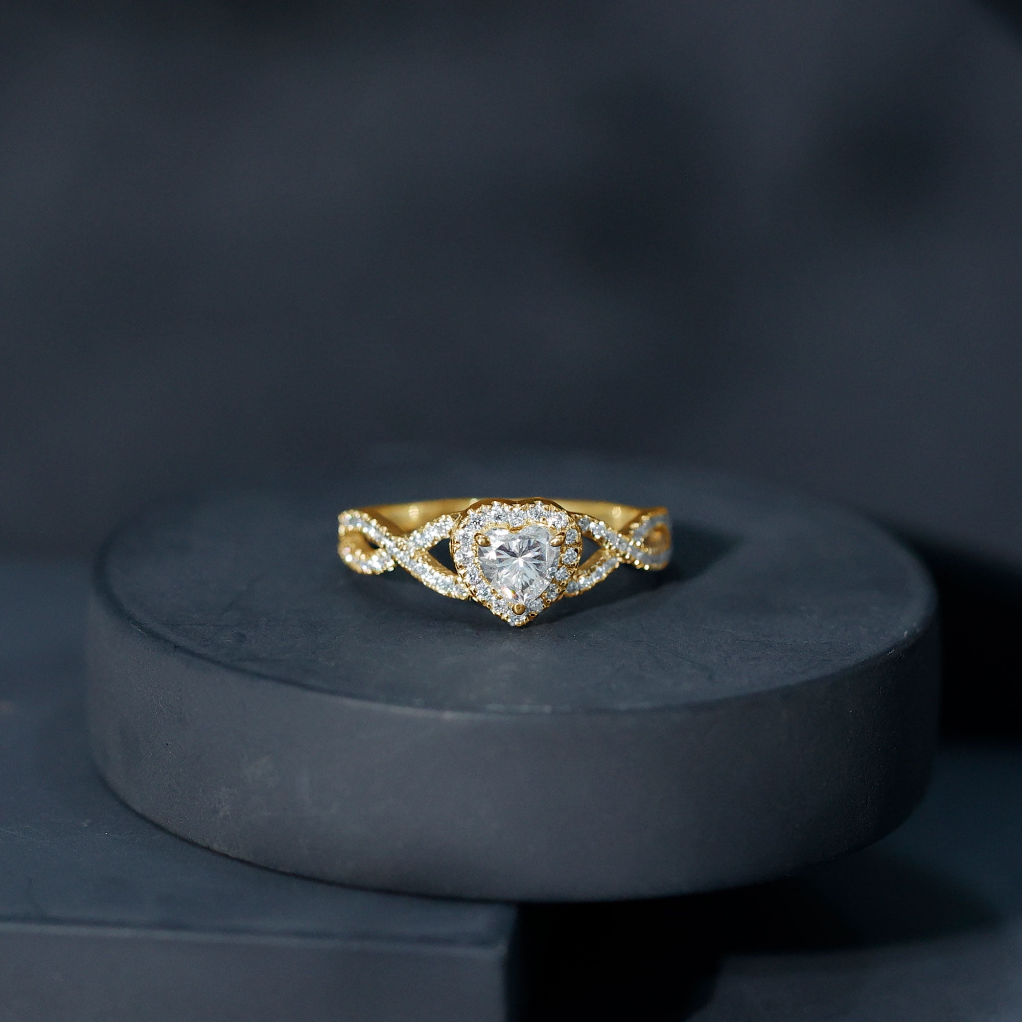 Rosec Jewels Moissanite Heart Engagement Ring for Women - 1/2 Carat - Moissanite Halo Crossover Ring - D-VS1 Grade, 14K Yellow Gold, US 9.00