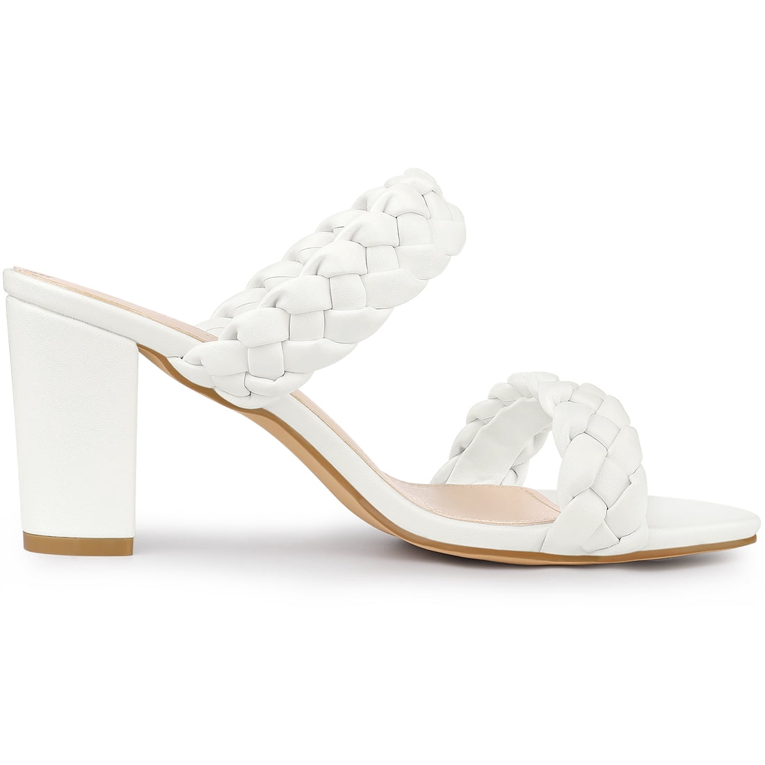 DARING DIVA Women's Braided Heeleds Slip on Chunky Heel Slides Sandals White 8