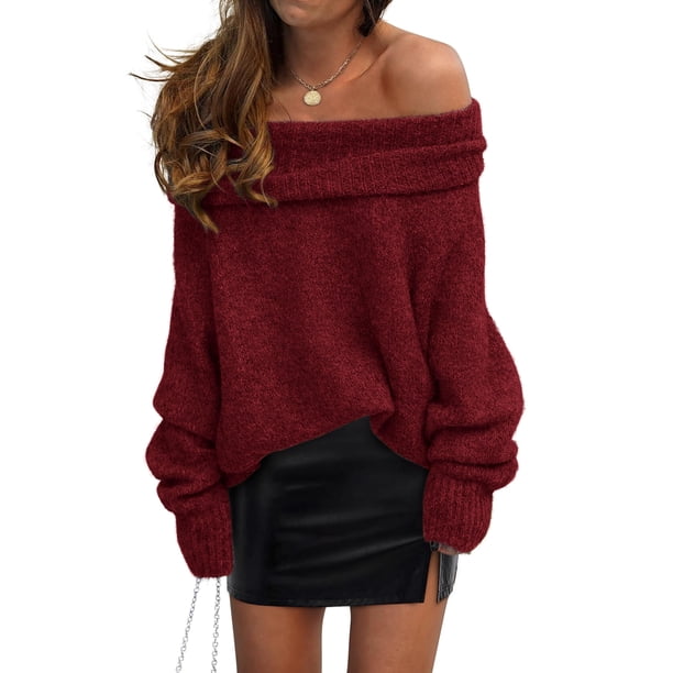 Suéter PRETTYGARDEN Mujer Manga Larga Escote Hombros Vino Tinto M