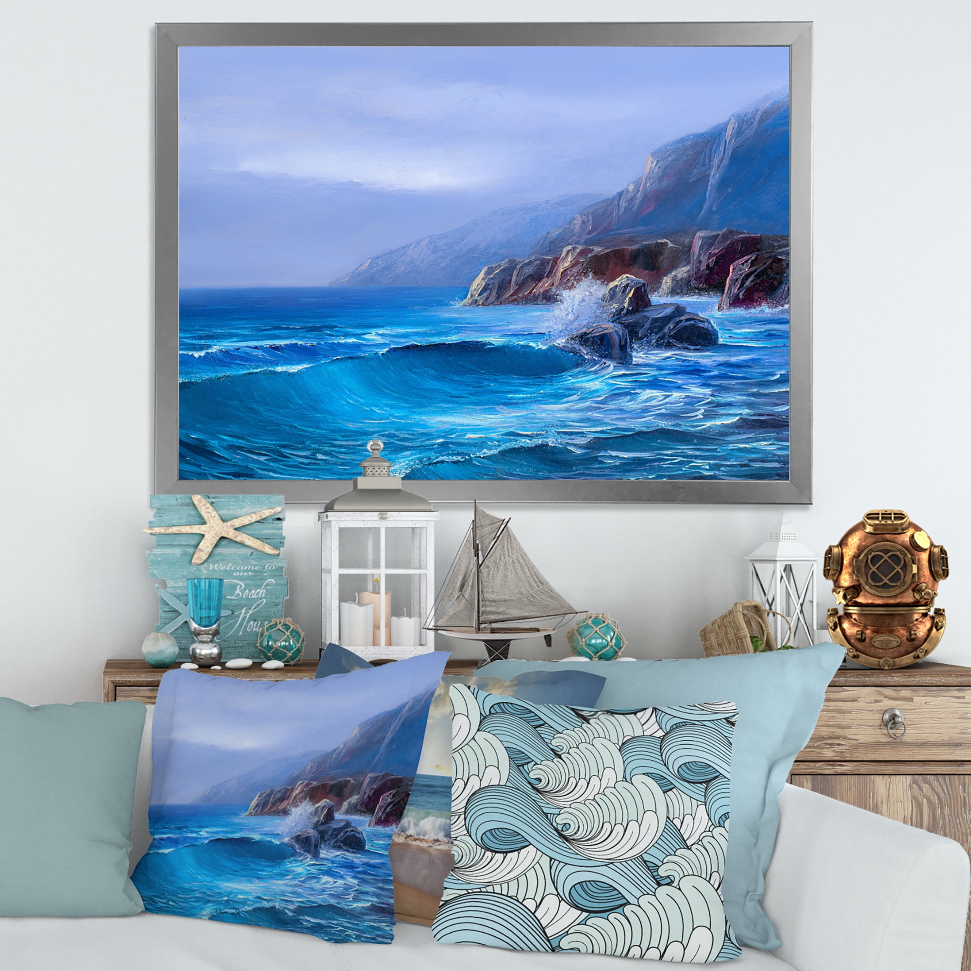 Sunrise Glow On Sea Wave Paints On A Canvas 32 in x 24 in Framed Painting Canvas Art Print, by Designart