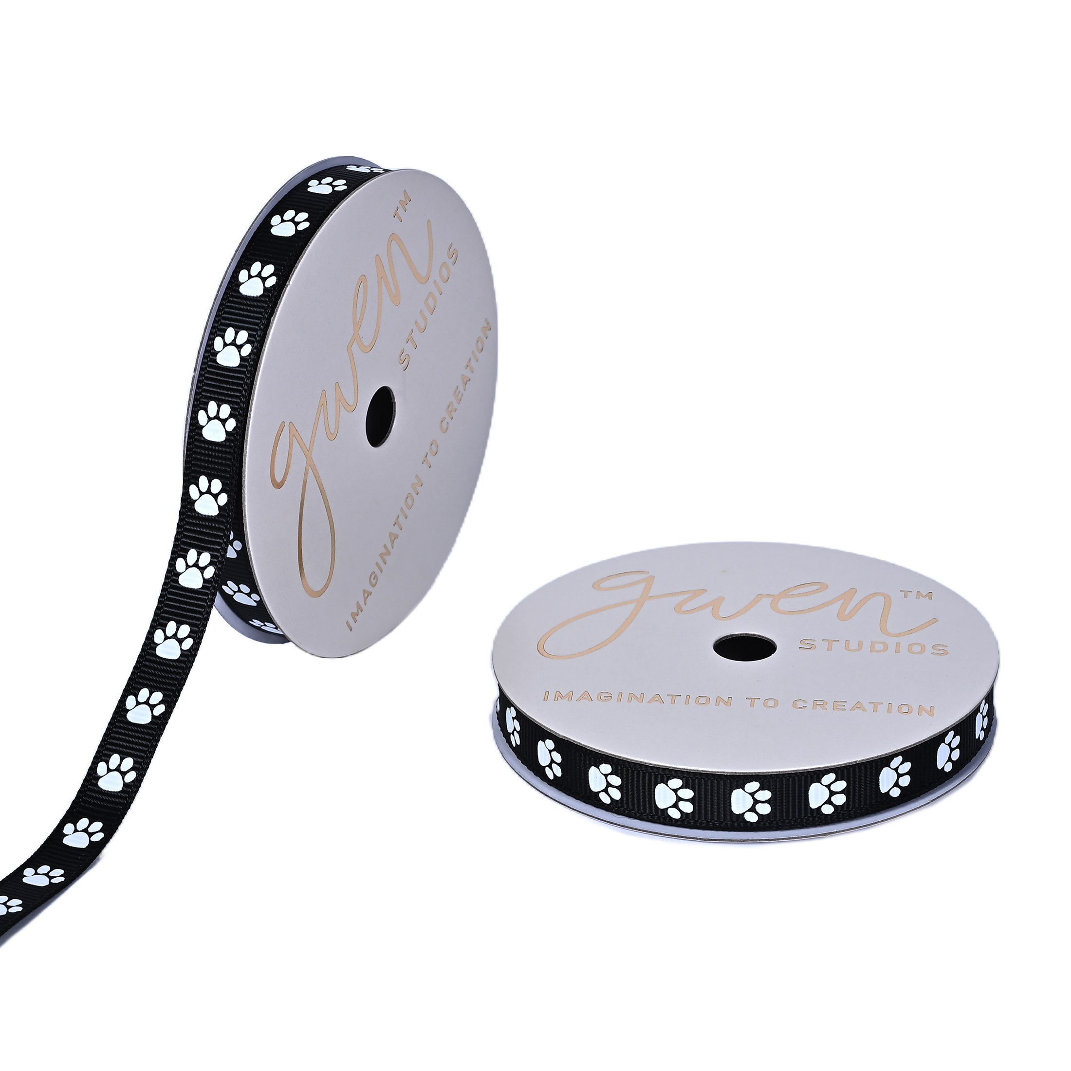Gwen Studios 3/8" White Paws on Black Grosgrain Ribbon, 7 yards