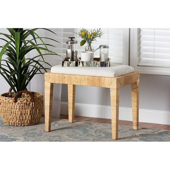 Baxton Studio Sofia Modern Bohemian Natural Brown Rattan and Mahogany Wood Ottoman
