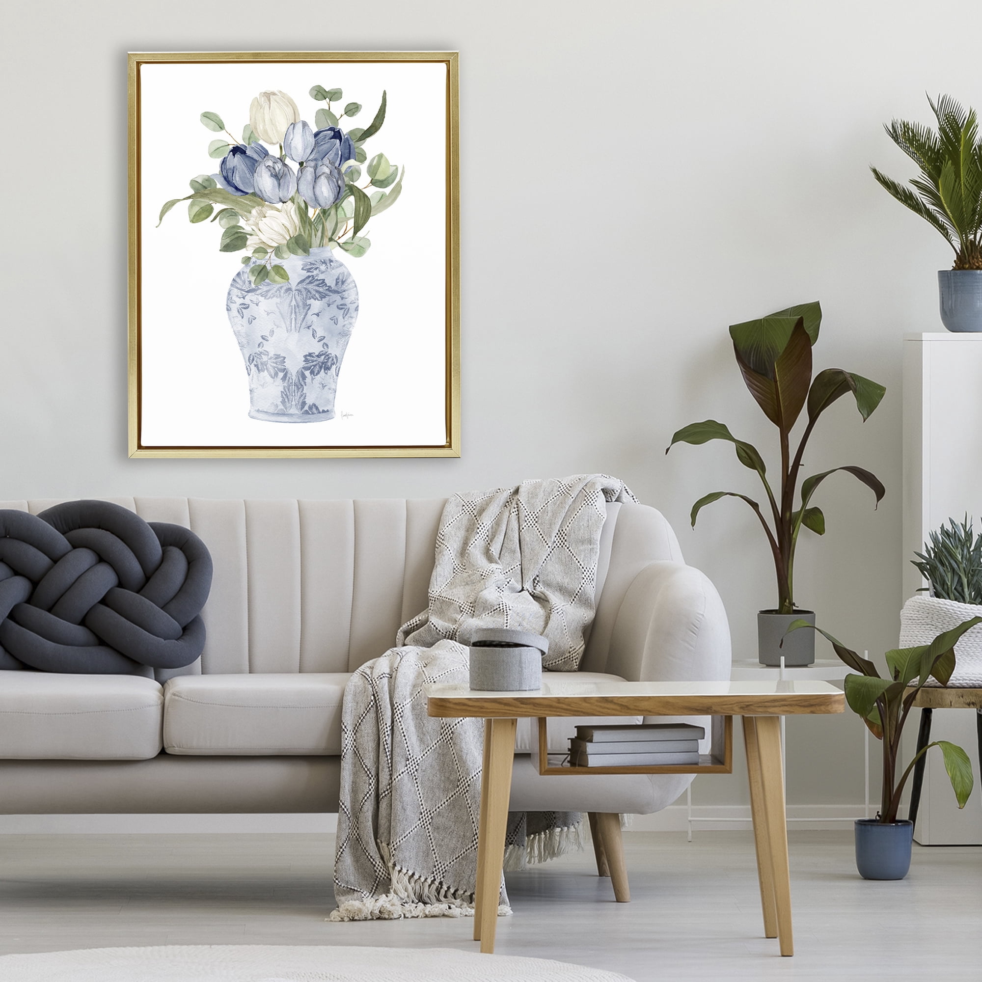 Stupell Industries Tulips & Leaves Vase Gold Framed Floater Canvas Wall Art, design by Livi Finn