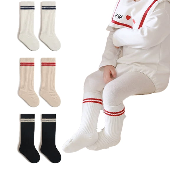 LYMAYTER Infant Knee-High Socks Cotton Style for 0-8Y Boys' & Girls' Toddler Solid Color Double-Stripe Socks 1 Pair