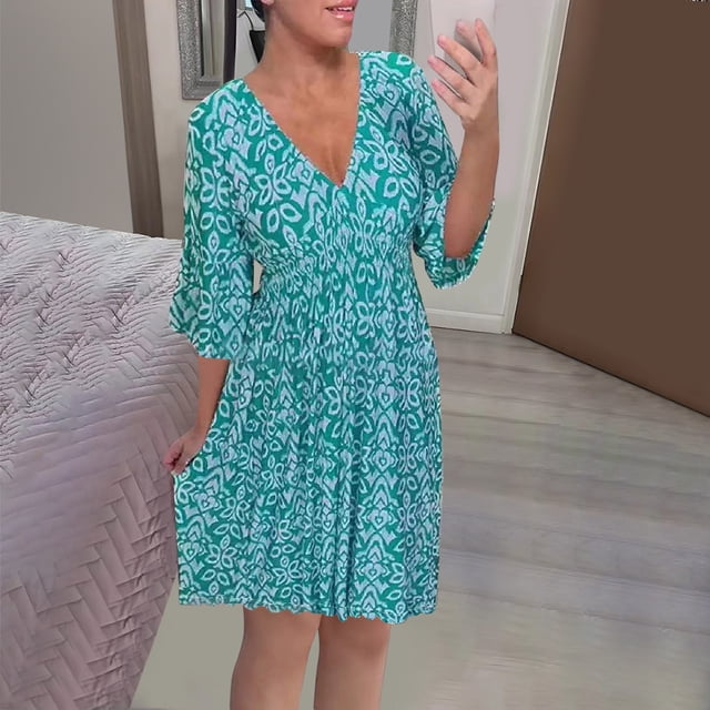 Puntoco Vestido De Manga Corta Con Cuello En V, Nuevo Vestido De Playa Informal De Gran Tamaño Con Cuello En V Floral Suelto De Alta Elasticidad Para Vacaciones En La Playa Azul Xl