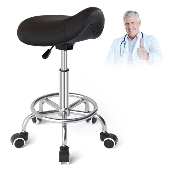 YEEZEE Saddle Stool, Ergonomic Rolling Stool with Foot Ring, 360° Swivel and PU Wheels, Black