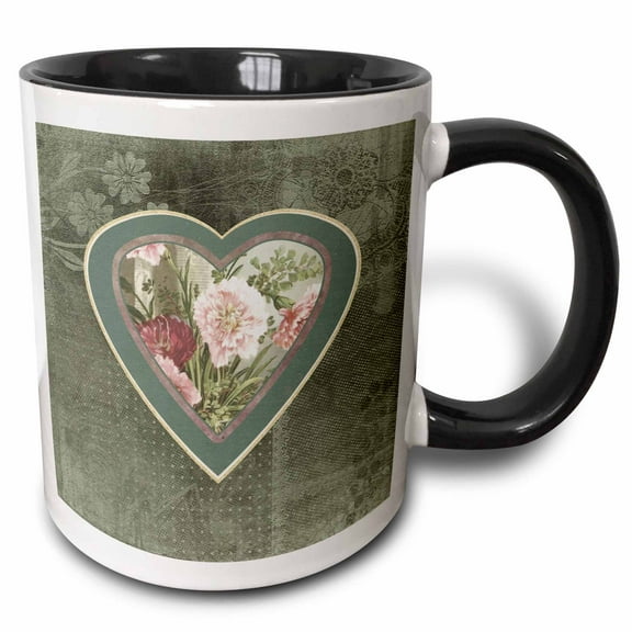 3drose, Pink Flowers into Heart on Green Sage Flower Design, 11oz Two-tone Black Mug
