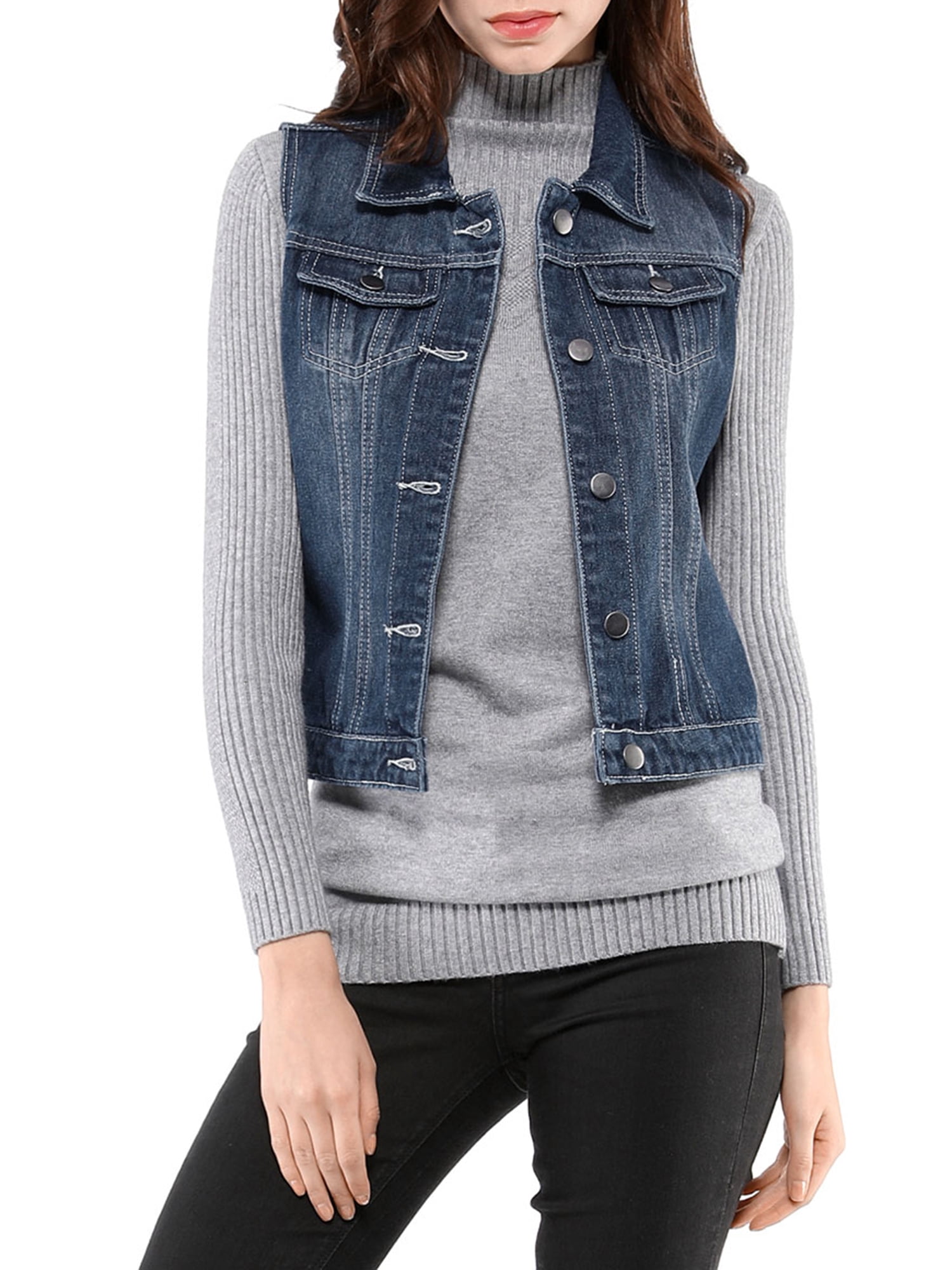 DARING DIVA Women's Denim Sleeveless Flap Pockets Vest Jacket S Blue