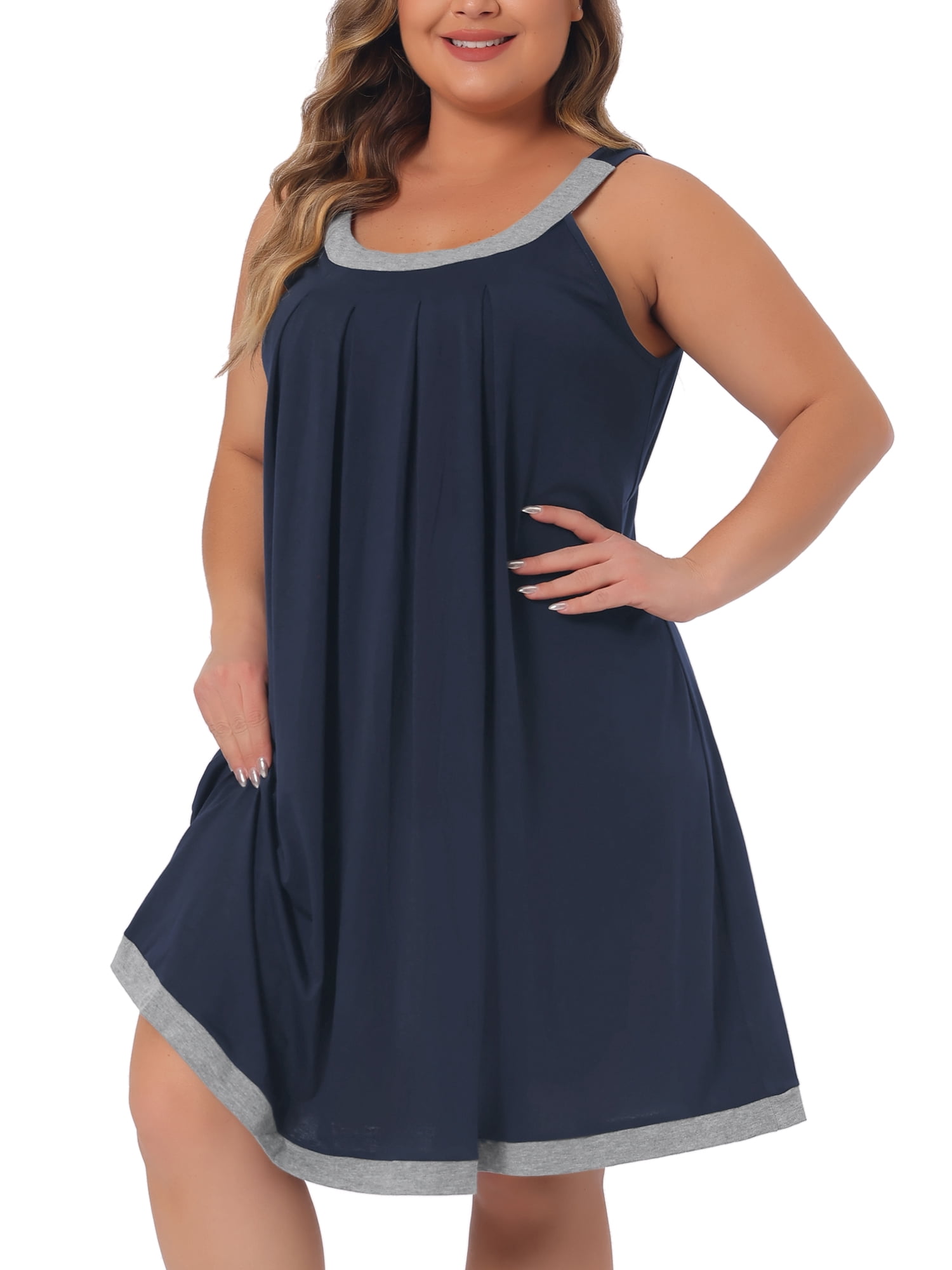 DARING DIVA Women's Plus Size Sleeveless Pleated Scoop Neck Nightgown 3X Dark Blue