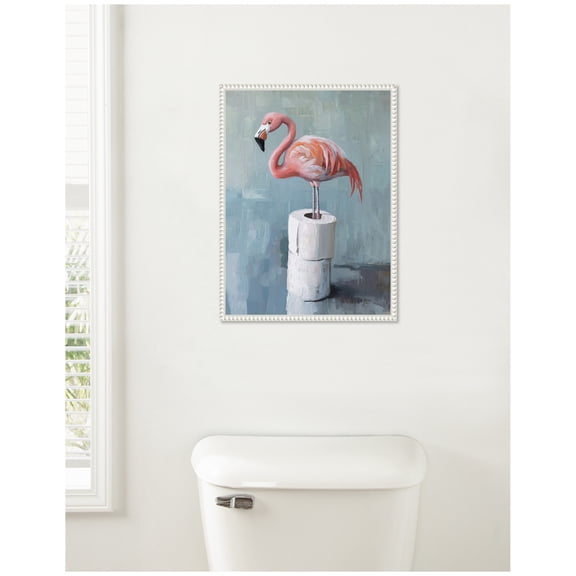 Kate and Laurel Flamingo Standing with Toilet Paper Rolls Bathroom Art Framed Canvas Wall Art by The Creative Bunch Studio 18 x 24 Sylvie Beaded White, Whimsical, Animals, Bathroom, Humor Art for Wall