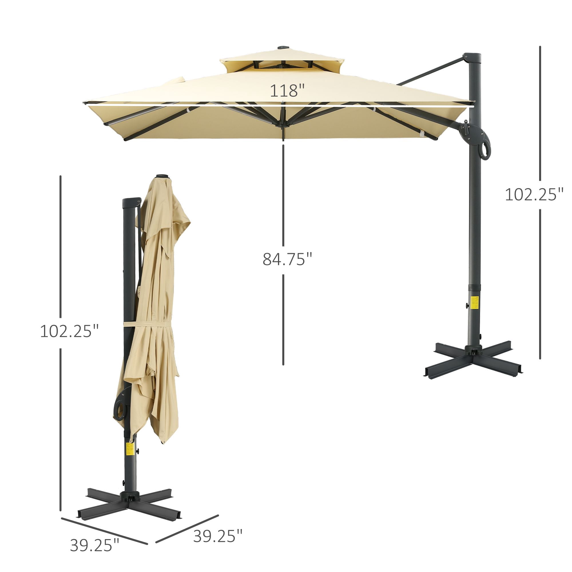 10ft Offset Patio Umbrella, Hanging Cantilever Umbrella, Square Shape, Aluminum Cross Base, Tilt, 360-Degree Rotation, Beige