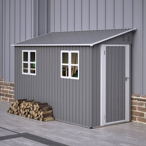taoruifang 4'x10' Grey Lean-To Metal Storage Shed with Floor Kit, 2 Windows & Reversible Lockable Door for Garden Bike Tool Storage