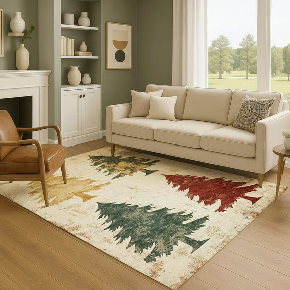 Addison Rugs Mayfield Premium Machine Washable Transitional Holiday Christmas Tree Ivory Rectangle Rug, 10' x 14'