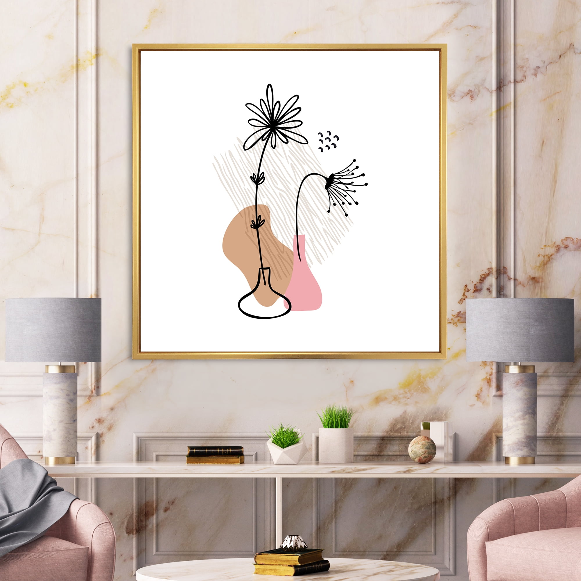 Designart 'Abstract Minimal Shapes Under Flowers III' Modern Framed Canvas Wall Art Print