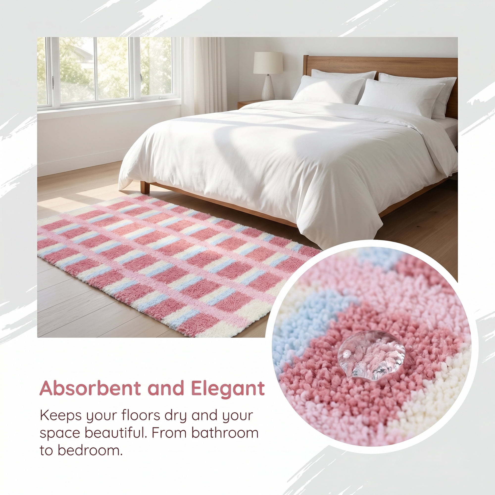 Unique Bargains Absorbent Plush Non-Slip Washable Checkered Rug Pink 24" x 16"