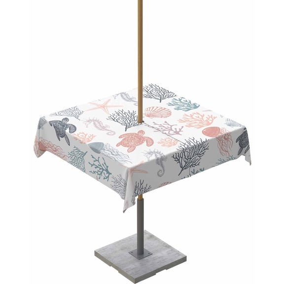 Fsddascl Red Grey Coastal Outdoor Tablecloth - 54x54 Inch Square Dining Table Cover, Nautical Summer Beach Coral Sea Turtle Waterproof Outdoor Table Cloth with Umbrella Hole & Zipper for Patio