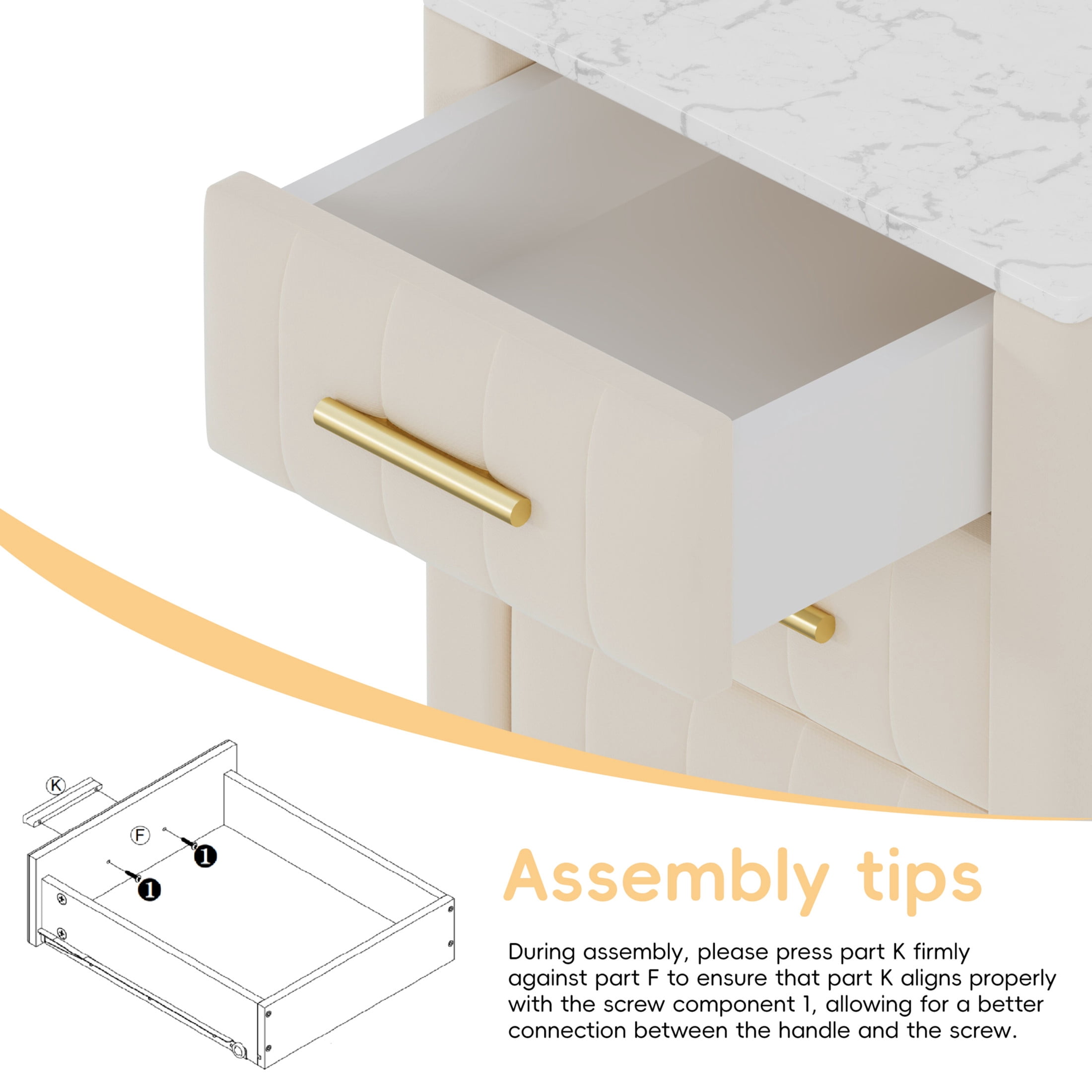 Noble House Upholstered Nightstand with 3 Drawers, Velvet Bedside Table with Metal Legs, Beige