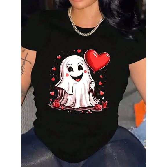 Spooky Cute Ghost Valentine's Day Heart Balloon Graphic Women Short Sleeve Tee