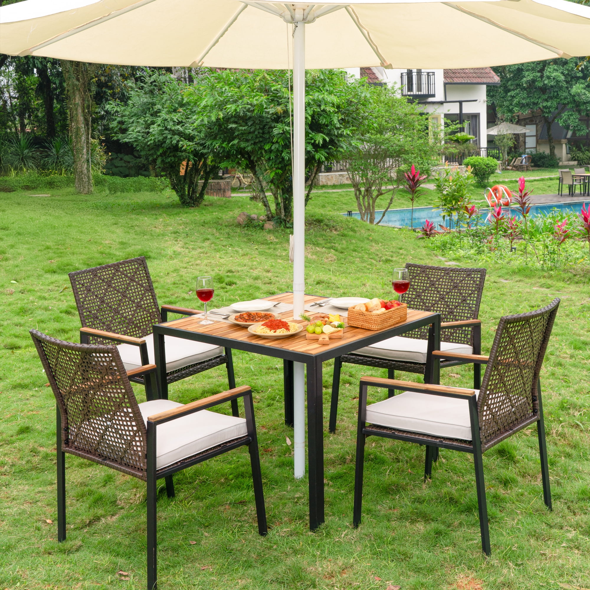 Leumius 5 Piece Patio Dining Set,All Weather Outdoor Dining Table Set with 4 Cushion Chairs,Patio Conversation Set with Acacia Wood Table Top and Umbrella Hole,Dark Brown