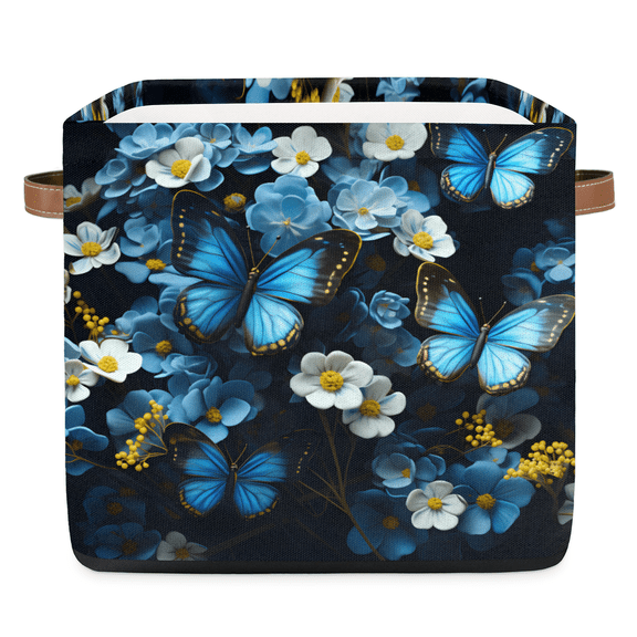 CURLYOOT 13 x 13 Inch Cube Storage Bin, Flower Butterfly Fabric Storage Cube Baskets, Daisy Floral Closet Shelves Foldable Bins with Leather Handles for Home Organizer