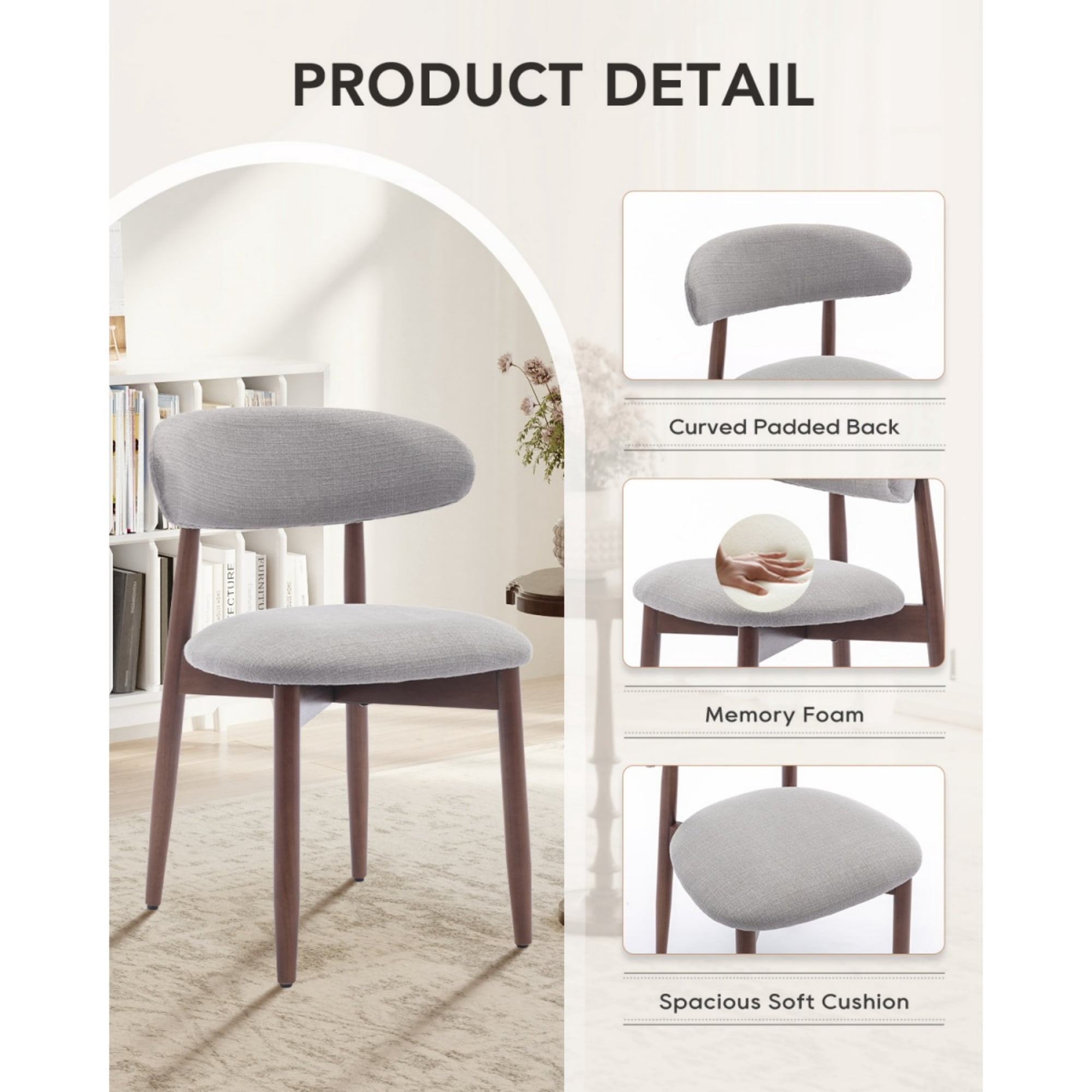 EOP Wooden Dining Chairs Set of 6, Farmhouse Kitchen Side Chairs with Foot Pegs, Mid-Century Modern Fabric Upholstered Dining Room Chairs for Kitchen, Dining Room, Light Gray