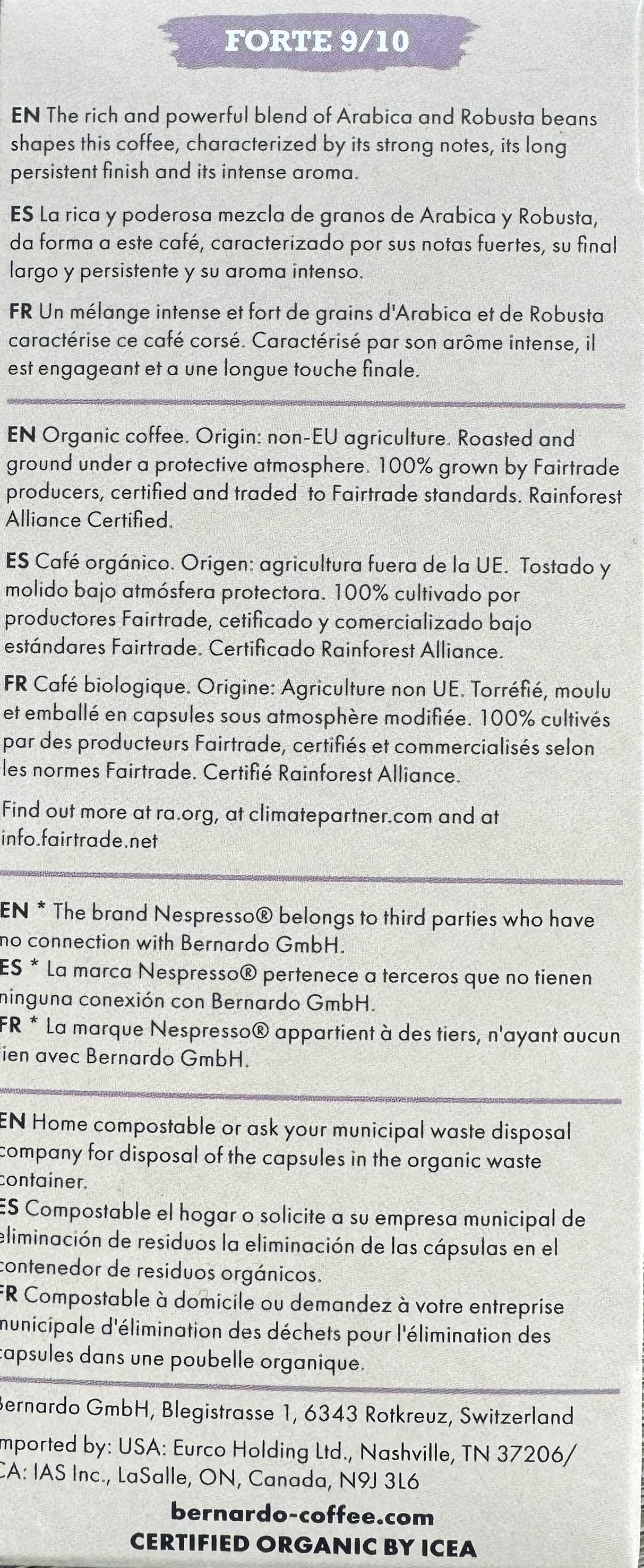 USDA Organic Bernardo  FORTE 9/10 Strength Espresso Coffee Pods, Compatible with Nespresso Original Machines.  Biodegradable, Home Compostable Capsules. 100 Pods