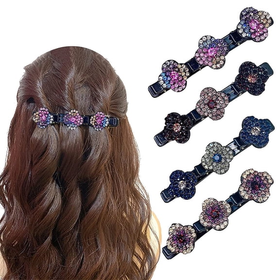 4Pcs Braided Hair Clips For Girls,Four-Leaf Clover Chopped Hairpin,Sparkling Crystal Stone Hair Clips,Duckbill Clip,Shiny Rhinestones Hair Clips,Glitter Hair Accessories for Women