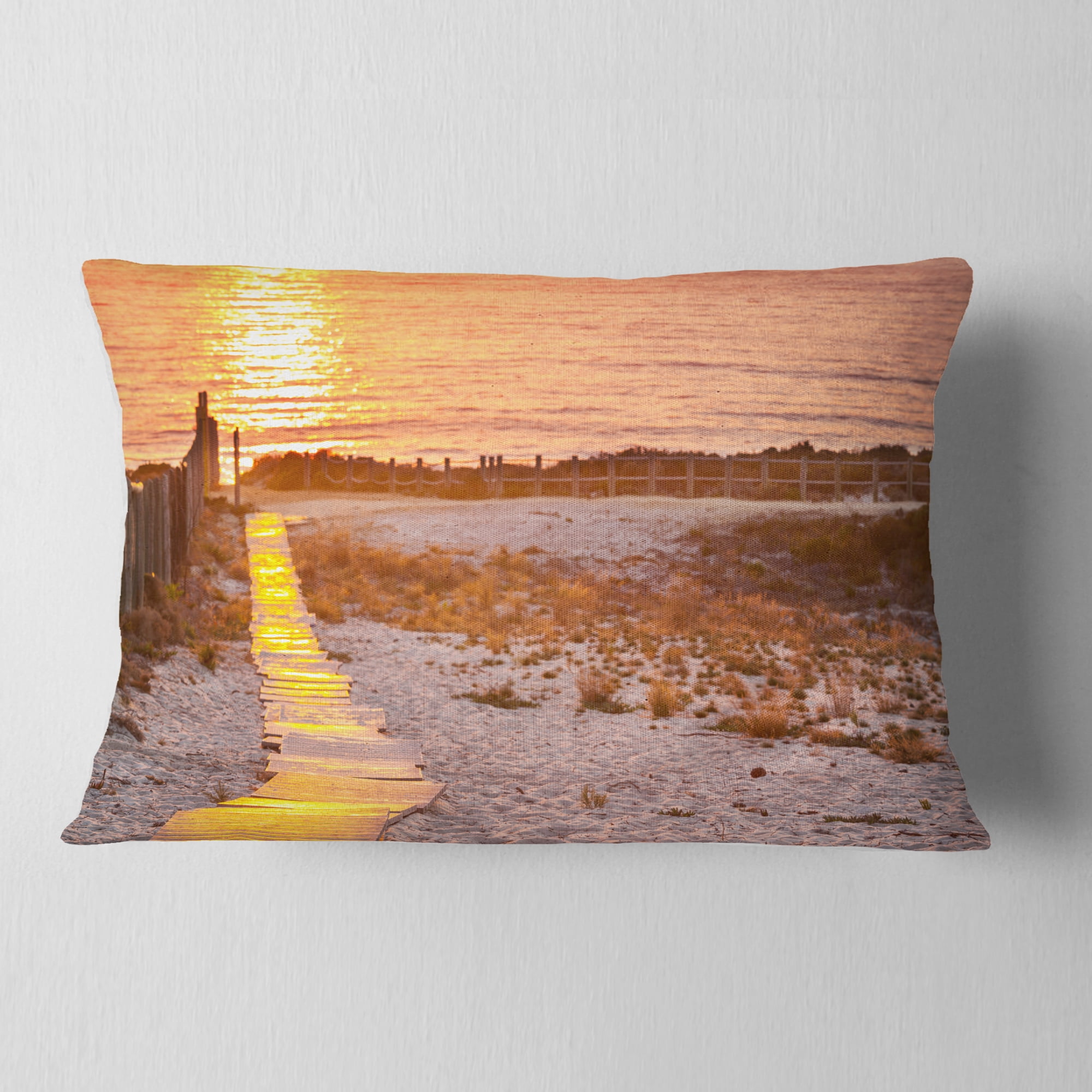Designart Yellowish Boardwalk into Seashore - Bridge Throw Pillow - 12x20