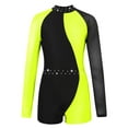 thumbnail image 5 of ranrann Girls Sequins Rhinestones Dance Leotard Biketard Mesh Long Sleeves Patchwork Jumpsuit Fluorescent Yellow 12, 5 of 6