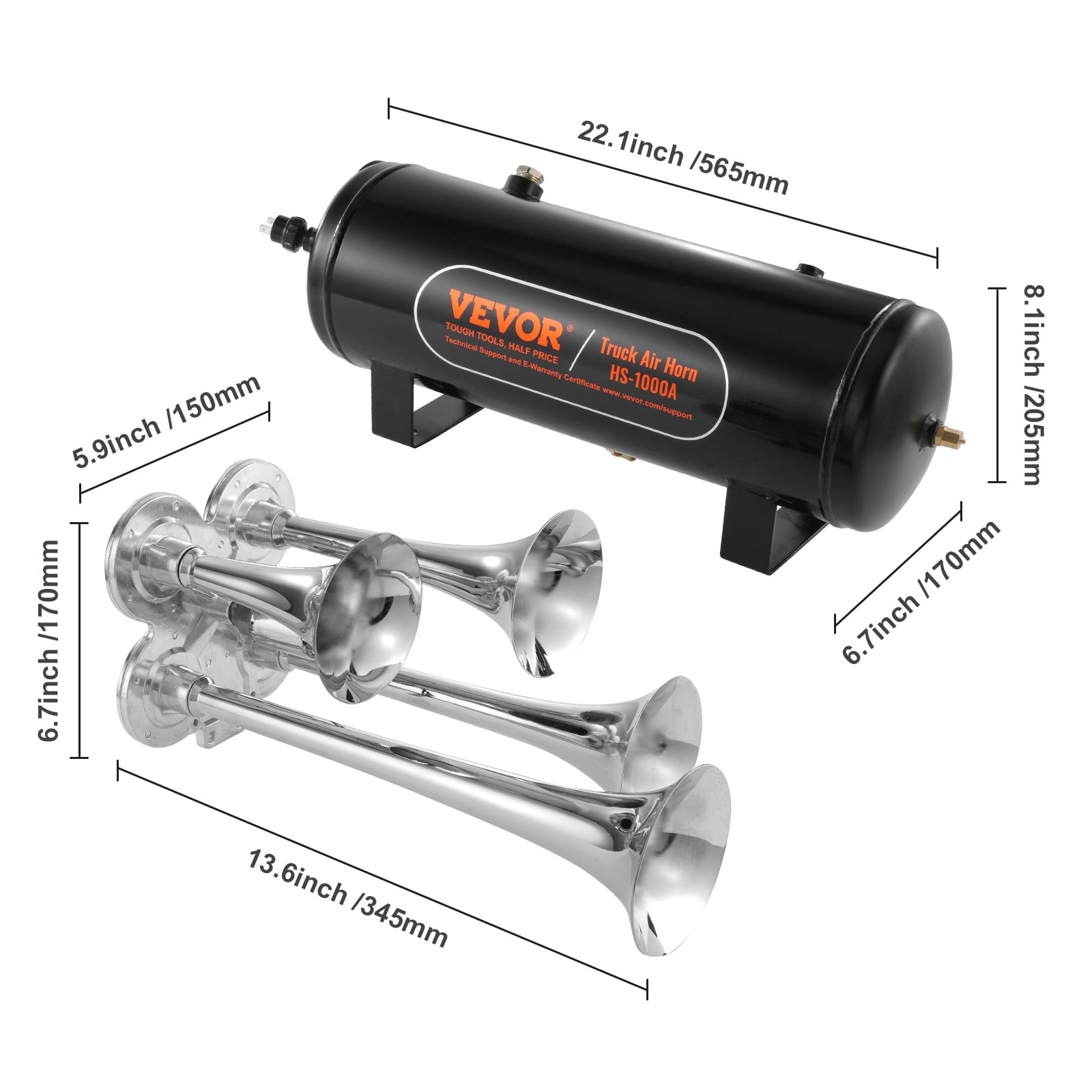 KFFKFF 2.6 Gal Tank Train Horns Kit 4 Trumpet Air Horn Kit 160 psi Air Compressor