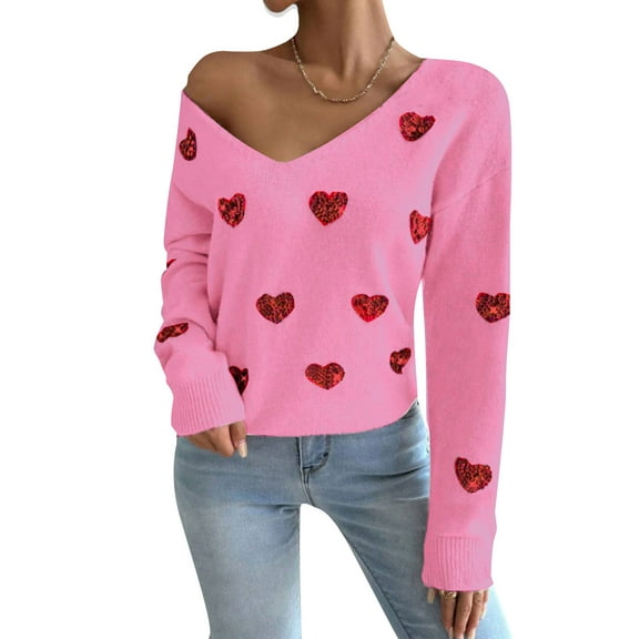 Sweaters for Women Valentines Day Gift 2025 Trendy V Neck Casual Long Sleeve Heart Printed Pullover Sweaters Alsol Lamesa