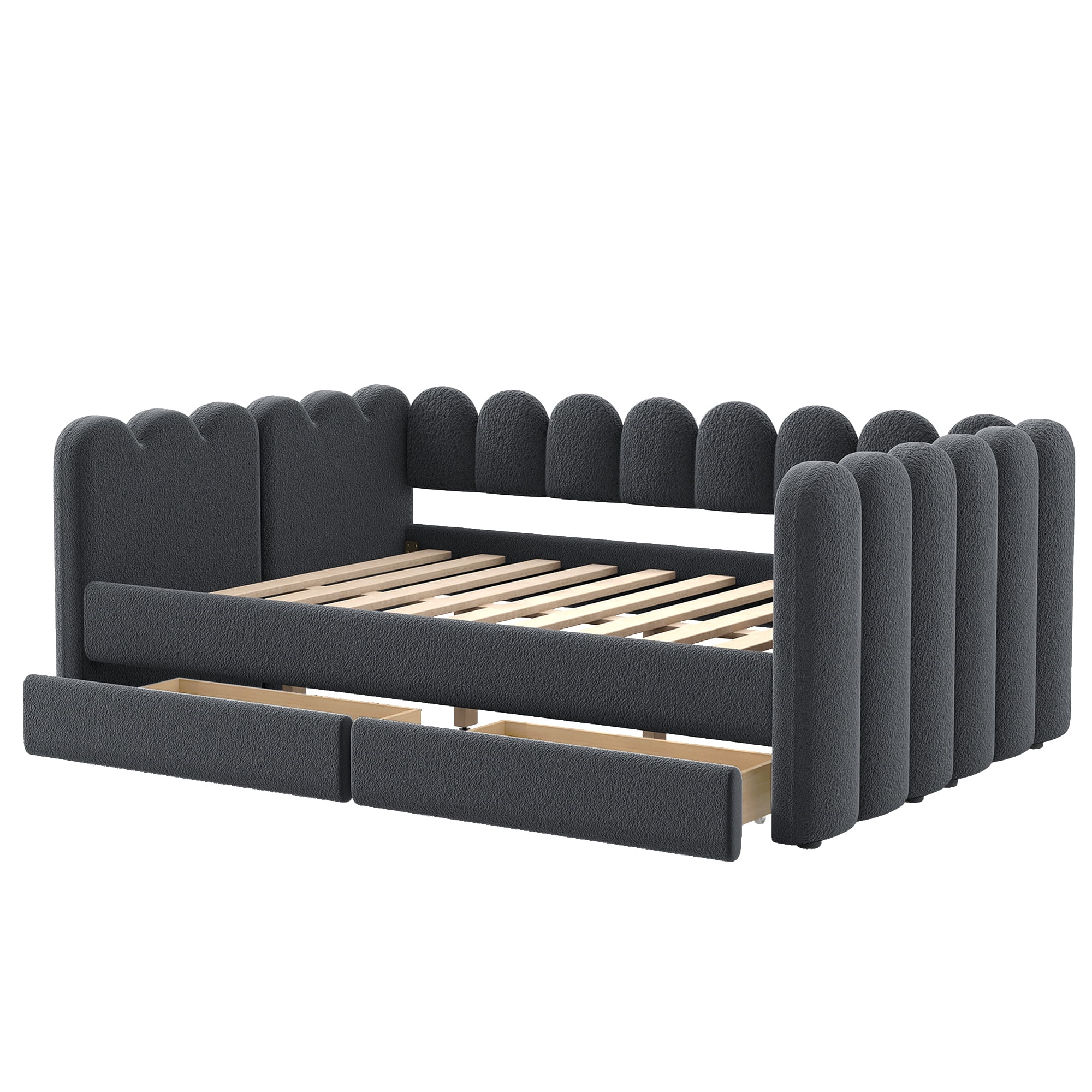 EUROCO Queen Size Upholstered Daybed with 2 Storage Drawers, Solid Wood Sofa Bed Frame, Easy Assembly, Space-Saving Design, Gray