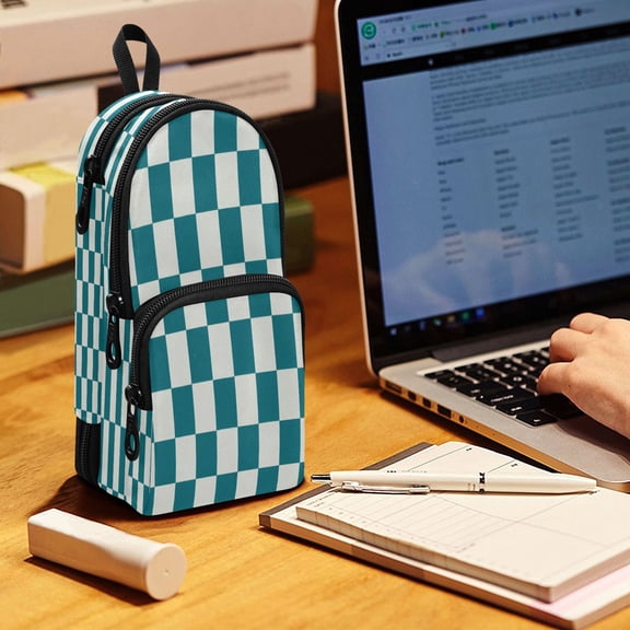 Backpack Pencil Case, 3 Compartment Large Capacity Oxford Fabric Pencil Pouch / Dark Green Plaid