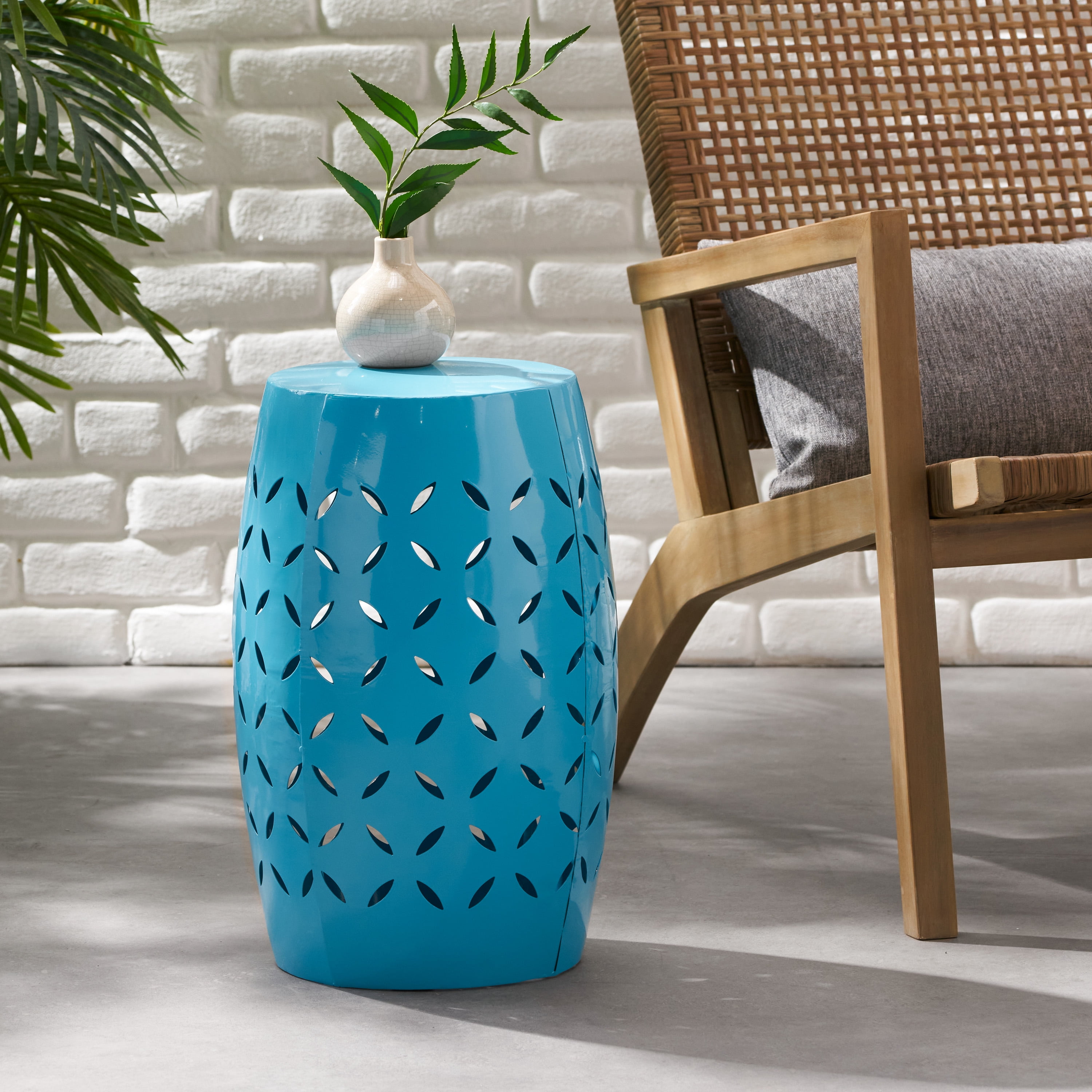 Accent Side Table 12 Inch, Outdoor Cylindrical Design End Table for Patio Balcony, Blue