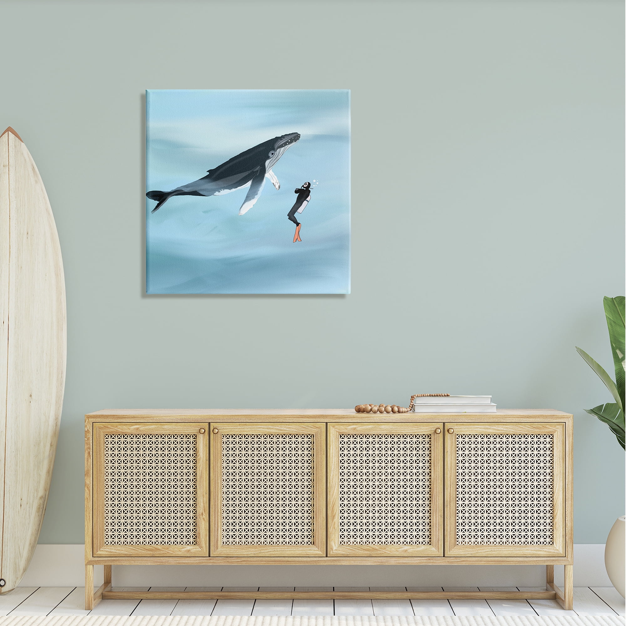 Stupell Underwater Scuba Diver & Whale Friends Landscape Painting Gallery Wrapped Canvas Print Wall Art