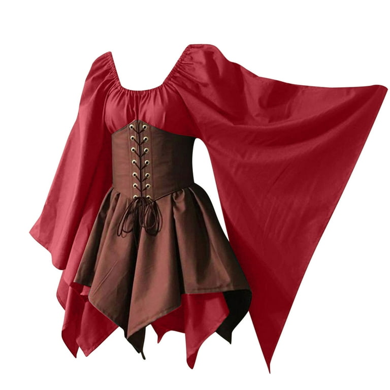 Women Medieval Renaissance Costume Dress, Vintage Cosplay Victorian Gothic  Corset Dress, Gothic Vintage Court Banquet Dress, Bell Sleeves Mini Bodycon