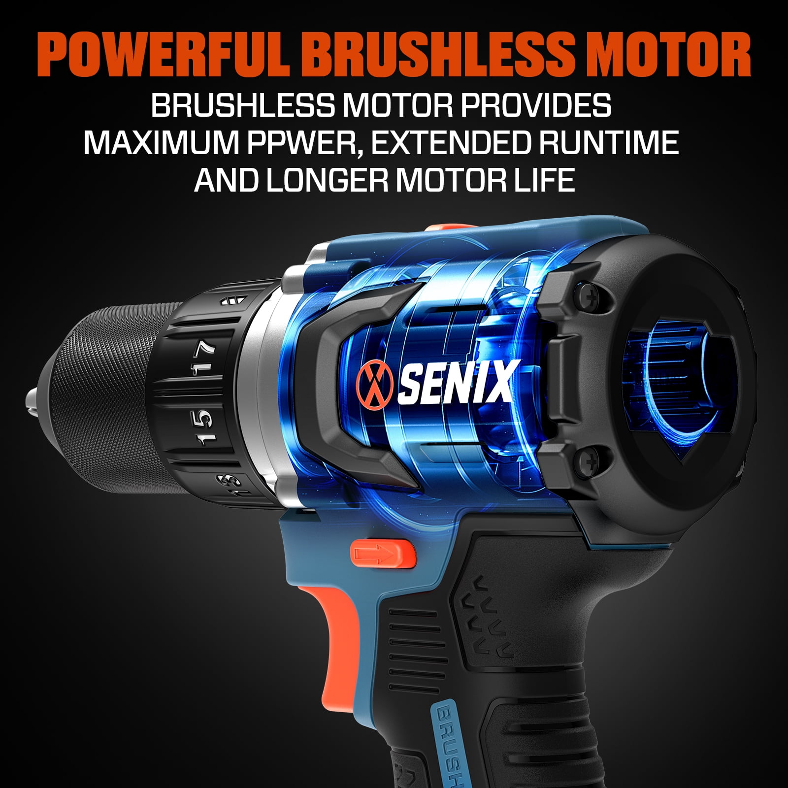 SENIX 20 Volt Max* Brushless 1/2-Inch Drill Driver, 45 Foot-Pounds of Max Torque, 2000 RPM Max, (Battery, Charger and Soft Bag Included) PDDX2-M2