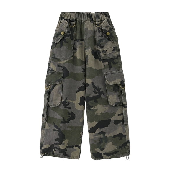 SJLDQY Girls Camo Cargo Pants Wide Leg Pants for Girls Y2K Elastic Waist Fall Winter Trousers with Pockets Size 5-14Y