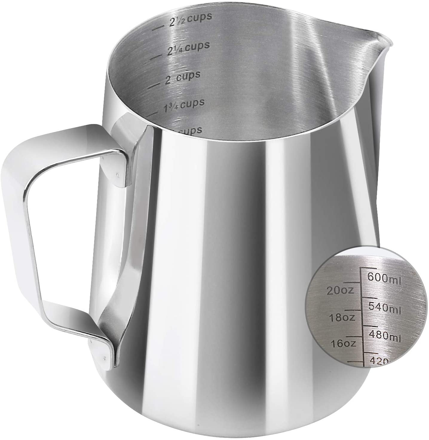600ML Stainless Steel Milk Pitcher Measuring Scale Frother Coffee Silver 