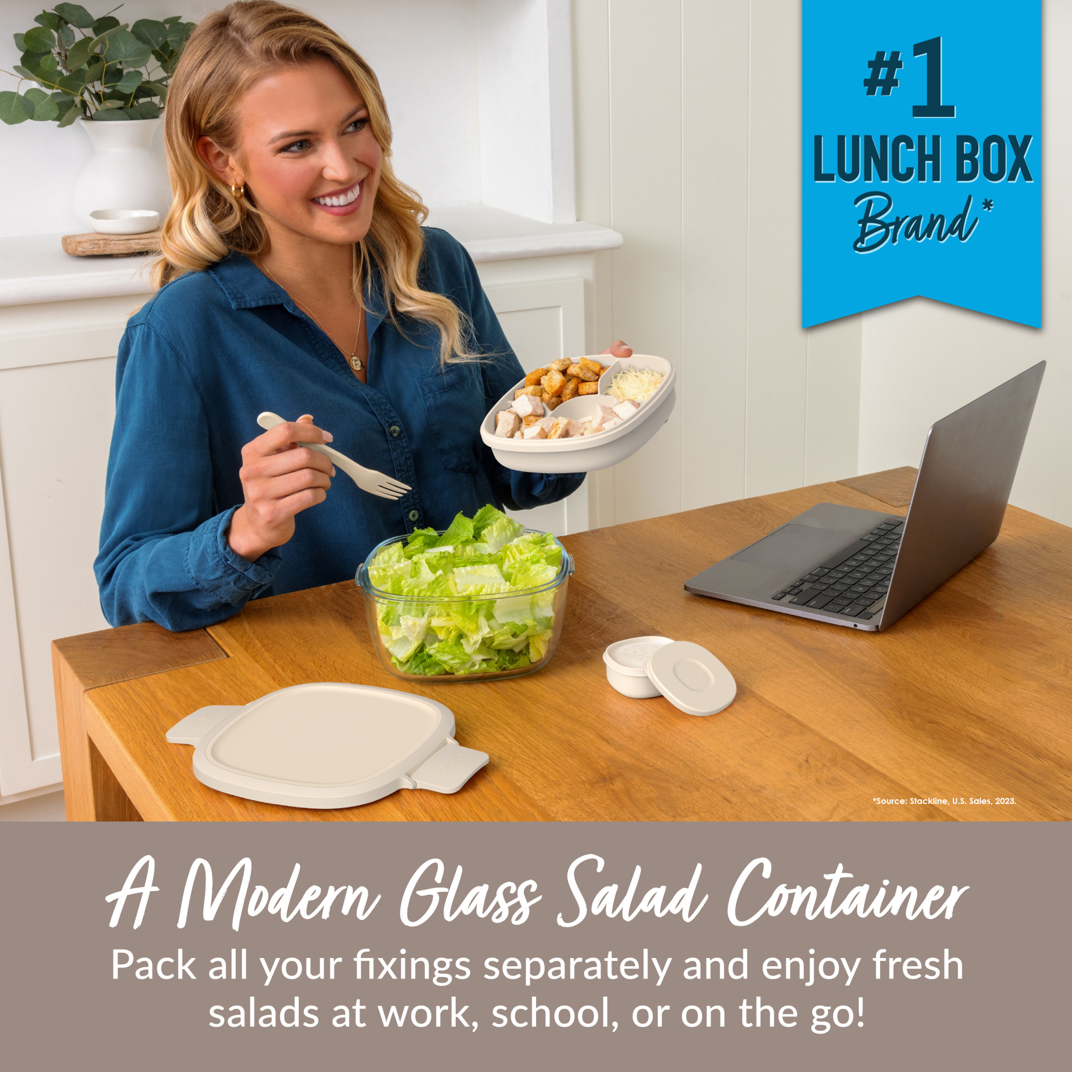 Bentgo® Glass All-in-One Salad Container - Large 61-oz Salad Bowl with Lid, 4-Compartment Bento-Style Tray, Sauce Container & Fork - Dishwasher, Microwave, and Oven Safe - White Stone Tan