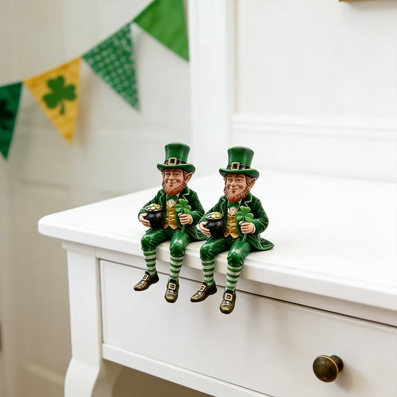 St. Patrick's Day Leprechaun Figurine - Irish Shamrock Charm, Green Gnome Resin Statue for Home Decor, Tiered Tray, Office & Kitchen, Table Decorations (2Pcs)