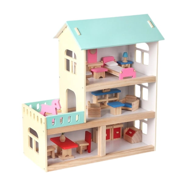 Casa de muñecas de madera para niños Villa de muñecas Casa de juegos fácil de montar Casa de muñecas de madera para niños a partir de 3 años Regalos