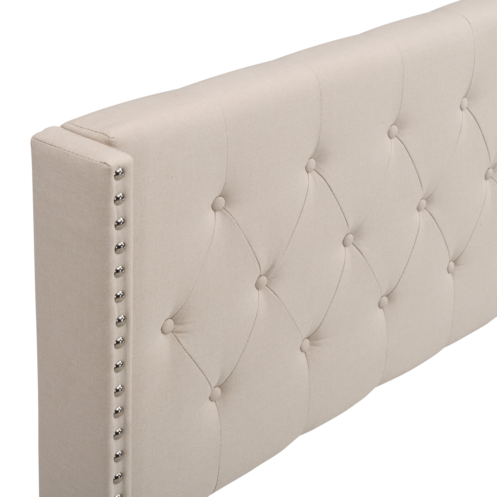 Hommoo Queen Size Platform Bed,Linen Fabric Button Tufted Wingback Upholstered Bed,High Backboard Flat Bed,Box Spring Needed,Beige